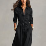 Women's Black Woven Maxi Dress With Cargo Pockets & Drawstring Waist, Timeless Casual-Chic Style Dress