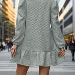 A-Line Long Sleeves Jacquard Pleated Solid Color Split-Joint Round-Neck Mini Dresses