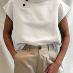 Solid Color Stand Collar Cap-Sleeve Shirts