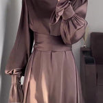 A-Line Long Sleeves Pleated Solid Color Tied Waist Zipper Mock Neck Maxi Dresses
