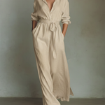 Women's Beige Linen Fabric Shirt Maxi Dress With Self-Tie Belt & Side Slit