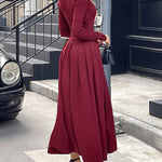 High Waisted Long Sleeves Pleated Solid Color Split-Front One-Shoulder Maxi Dresses