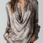 Vintage Leopard Print Floral Cowl Neck Polyester Satin Blouse