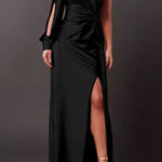 One-shoulder satin twisted high-slit maxi dress