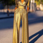 High Waisted Three-Quarter Sleeves Shiny Solid Color Deep V-Neck Jumpsuits Bottoms