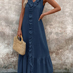 A-Line Loose Pleated Ruffle Trim Solid Color V-Neck Maxi Dresses