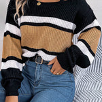 Striped Contrasting Metal Buckle Loose Long-sleeved Knitted Sweater
