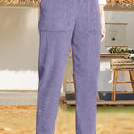 Solid color elastic waist striped straight casual pants