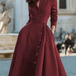 A-Line High Waisted Buttoned Pockets Solid Color Split-Joint Stand Collar Midi Dresses