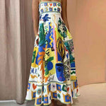 A-Line High Waisted Contrast Color Pleated Printed Split-Joint Spaghetti-Neck Midi Dresses