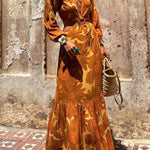 Sunflower Print Ring Cutout Waist Long Sleeve Maxi Dress