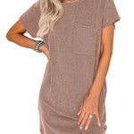 A-Line Loose Contrast Color Pockets Split-Joint Striped Round-Neck Mini Dresses