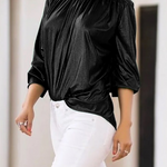 Loose Three-Quarter Sleeves Shiny Solid Color High-Neck Blouses&Shirts Tops