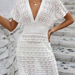 Loose Short Sleeves Hollow See-Through Solid Color Deep V-Neck Mini Dresses