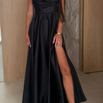 Solid Color Suspender Back Pleated Elegant Slit Full Hem Maxi Dress