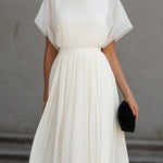 High Neck Sheer Sleeve Pleated Midi Dress