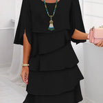 Half Sleeves Loose Layered Ruffled Solid Color Split-Joint Round-Neck Mini Dresses