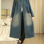 A-Line Long Sleeves Buttoned Pockets Round-Neck Midi Dresses Outerwear