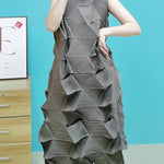 Casual Sleeveless Irregularity Pleated Solid Color Stand Collar Midi Dresses