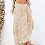 Apricot Solid Color Ribbed Knit 3/4 Sleeve Pullover Sweater