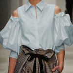 Long Sleeves Loose Pleated Solid Color Cold Shoulder Blouses&Shirts Tops