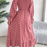 High Waisted Long Sleeves Pleated Polka Dot Ruffled Square-Neck Maxi Dresses Shirt Dress