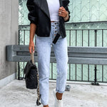 Stylish Leather Lapel Pocket British Style Cropped Jacket