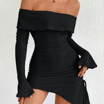 Bodycon High Waisted Asymmetric Drawstring Pleated Solid Color Split-Joint Off-The-Shoulder Mini Dresses