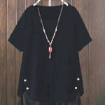 Women'S Solid Color Cotton And Linen Round Neck Button Short Sleeve Irregular Slit At Hem Button Blouse