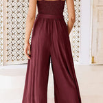 Sleeveless Spaghetti Strap V-Neck Gathered Wide-Leg Jumpsuit