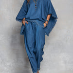 Off-shoulder Tencel Denim Batwing Sleeve Top & Tapered Trousers Set With Lace Trim