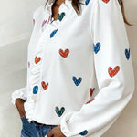 Women'S Casual Heart-Print Ruffled Blouse