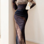 Bodycon High Waisted Contrast Color Pleated Printed Split-Joint Round-Neck Maxi Dresses