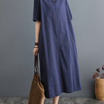A-Line Loose Chinese Frog Buttons Pockets Solid Color Split-Side V-Neck Midi Dresses