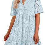 Women's V Neck Short Sleeve Hollow Out Mini Vacation Dress