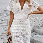 Loose Short Sleeves Hollow See-Through Solid Color Deep V-Neck Mini Dresses