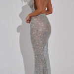 Shine All Night Sheer Sequin Cowl Neck Halter Maxi Dress