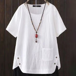 Women'S Solid Color Cotton And Linen Round Neck Button Short Sleeve Irregular Slit At Hem Button Blouse