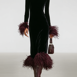 Women's Minimalist Velvet Patchwork Faux Ostrich Feather Cuffs And Hem Maxi Dress
