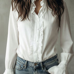 Elegant Ruffled Button-Down Long Sleeve Shirt With Flared Cuffs