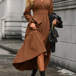 A-Line Flared Sleeves Elasticity Pleated Solid Color V-Neck Midi Dresses