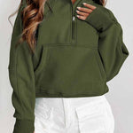 Green Zip Up Stand Collar Ribbed Thumbhole Sleeve Sweatshirt