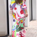 Contrast Color Printed Long Sleeves Buttoned Lapel Blouses Top+ High Waisted Pants Bottom Two Pieces Set