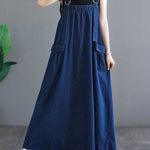 A-Line Loose Pleated Pockets Split-Joint Spaghetti-Neck Maxi Dresses Suspender Dress