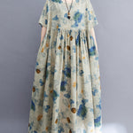 Artistic Retro Loose Floral Printed Pleated Vacation Midi Dress