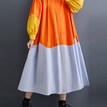 Loose Puff Sleeves Contrast Color Pleated Split-Joint Lapel Midi Dresses Shirt Dress