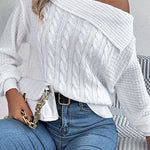 Solid Color Casual One Shoulder Long Sleeve Knitted Sweater
