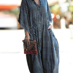 Batwing Sleeves Half Sleeves Buttoned Pockets Striped Round-Neck Beach Cover-Up Maxi Dresses