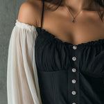 Retro Black Corset Blouse With Contrast Chiffon Sleeves