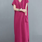 Simple Ramie Cotton Solid Color Split-Side With Pocket V-Neck Short Sleeves Maxi Dress